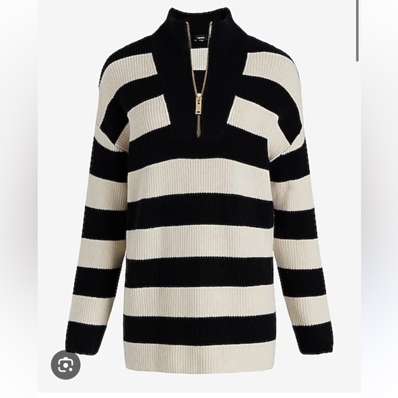 Express Striped Ribbed Quarter Zip Tunic Sweater in Black Cream Size Medium - Picture 12 of 17
